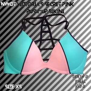NEW Victoria's Secret PINK Peach Coral Aqua Caged Strappy Push-Up Bikini XS Sexy